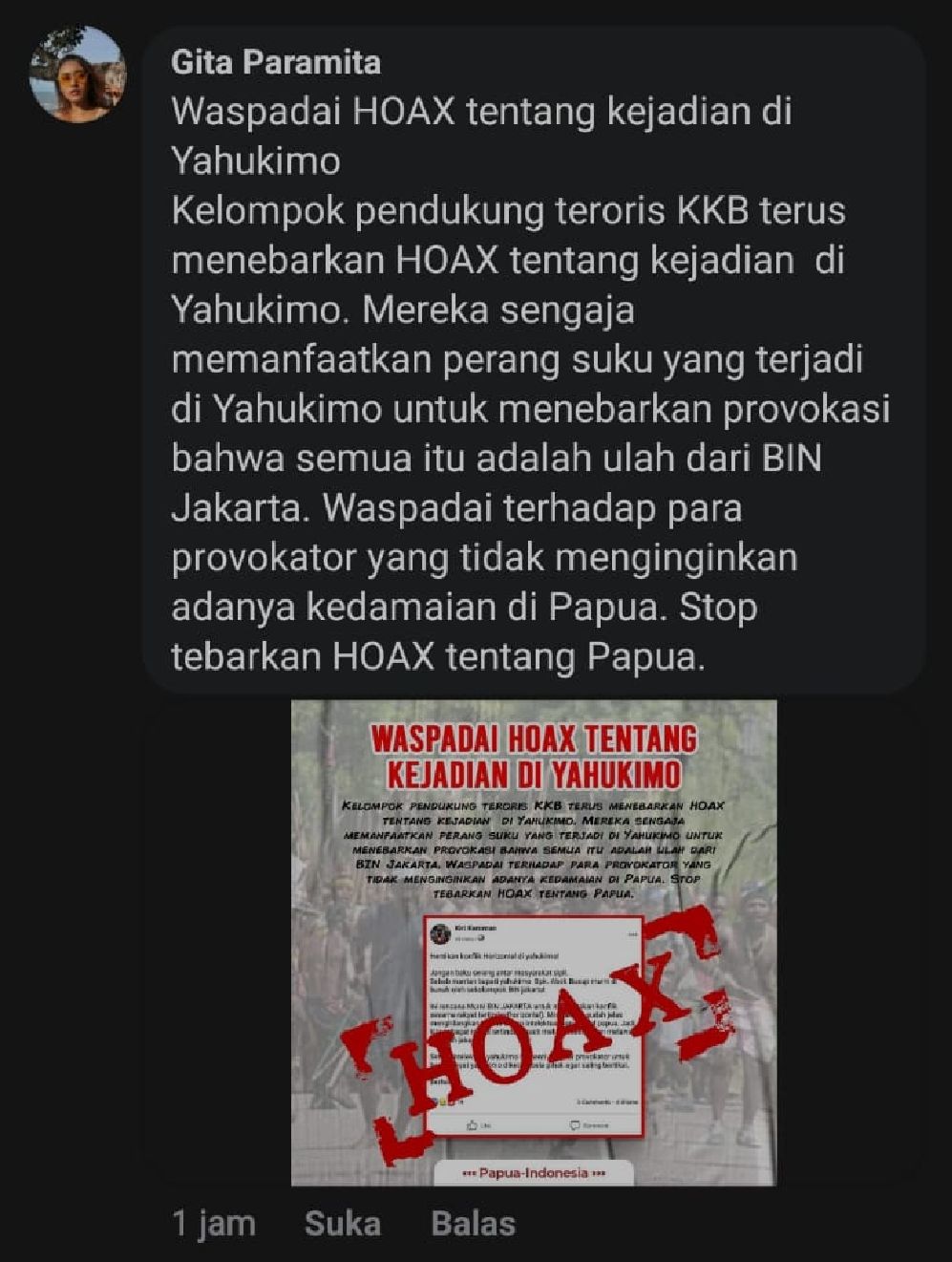 Postingan netizen di facebook yang menyebutkan KKB, tengah sebar HOAX