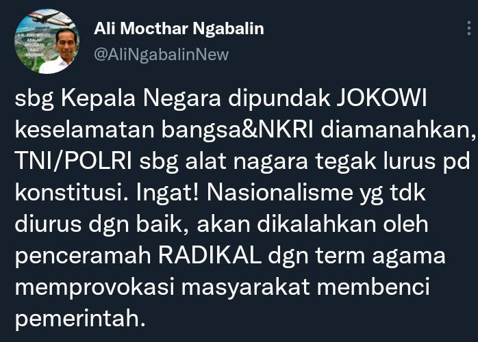 Cuitan Ali Ngabalin soal Jokowi meminta istri personel TNI da Polri tidak mengundang penceramah radikal atas nama demokrasi.