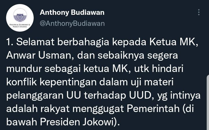 Cuitan Ekonom Anthony Budiawan sarankan Anwar Usman mengundurkan diri sebagai Ketua MK jika hendak menikahi adik Presiden Jokowi. Idayati.