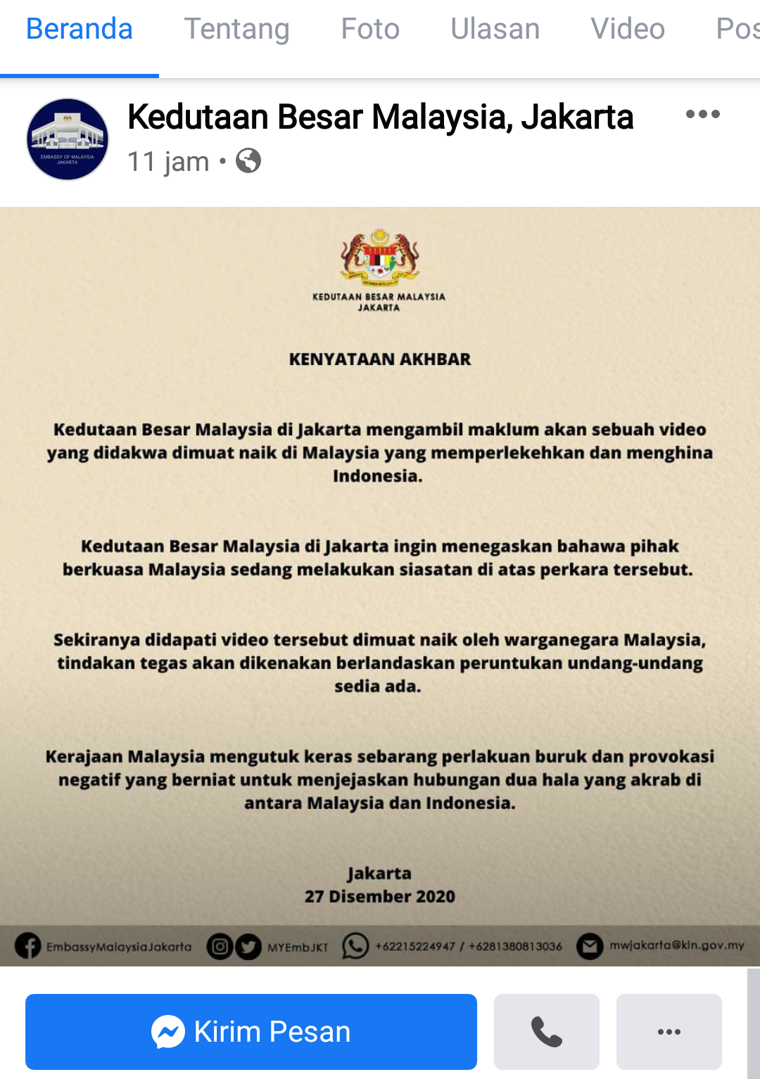 Pernyataan Kedubes Malaysia di Jakarta