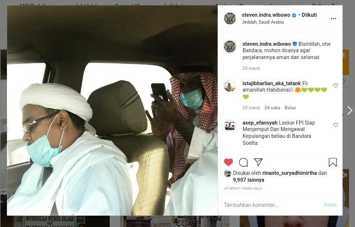 tangkapan layar akun instagram steven.indra.wibowo yang mengunggah foto kepulangan Imam Besar Front Pembela Islam, Habib Rizieq Shihab, Senin, 9 November 2020. 