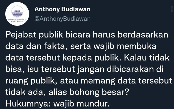 Cuitan Anthony Budiawan soal Jubir Luhut Pandjaitan tidak bisa buka terkait klaim big data pendukung penundaan Pemilu 2024.