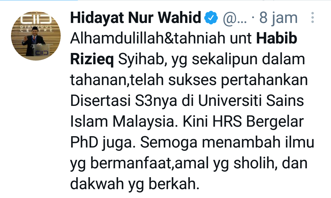 Tangkapan layar cuitan Hidayat Nur Wahid. 