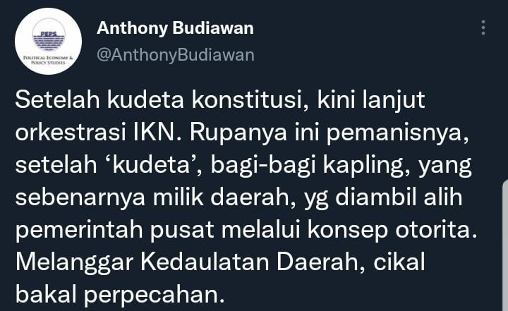 Cuitan Anthony Budiawan soal pelantikan Ketua Otorita IKN setelah ramainya isu penunndaan Pemilu 2024.