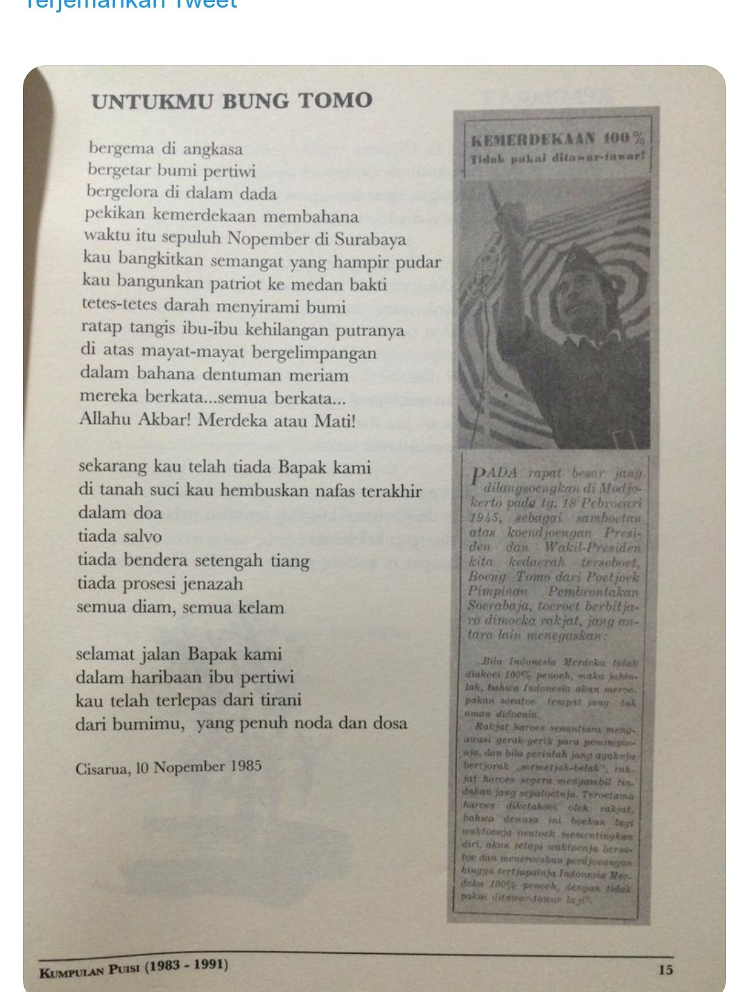 Merayakan Hari Pahlawan, Fadli Zon pamer puisi di Twitter yang dibuat saat kelas 1 SMP, begini bunyinya.