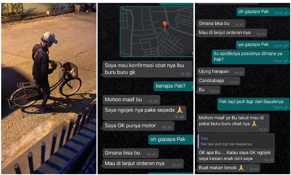 Netizen dibuat terharu membaca kisah viral seorang ojek online yang mengantarkan obat menggunakan sepeda sejauh 15 kilometer.*