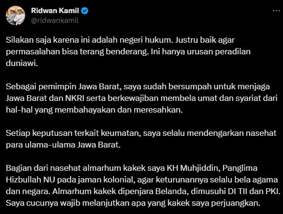 Cuitan Ridwan Kamil menanggapi kabar Panji Gumilang akan menggugatnya.