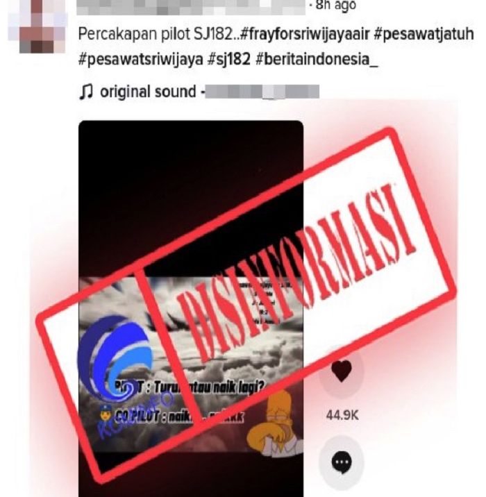 Tangkapan layar informasi hoaks yang mengklaim terdapat suara rekaman pilot dan co-pilot dalam kecelakaan pesawat Sriwijaya Air SJ182.