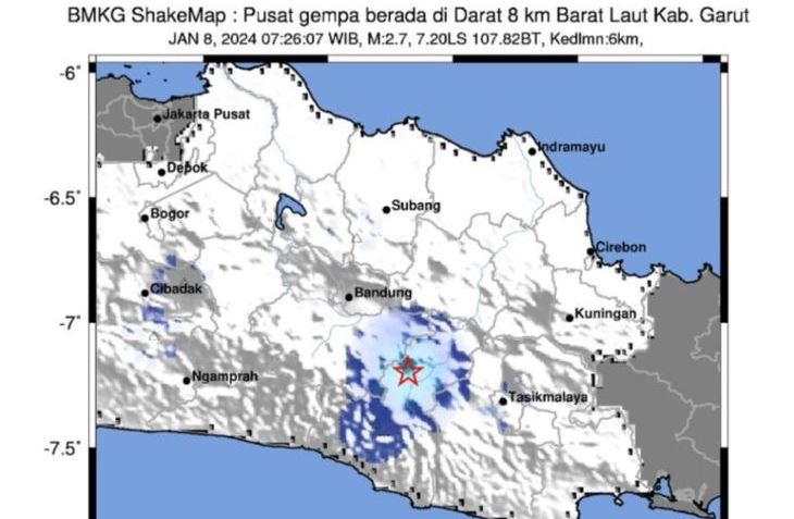 Peta pusat gempa bumi yang melanda wilayah Kabupaten Garut Jawa Barat dan sekitarnya Senin 8 Januari 2024.