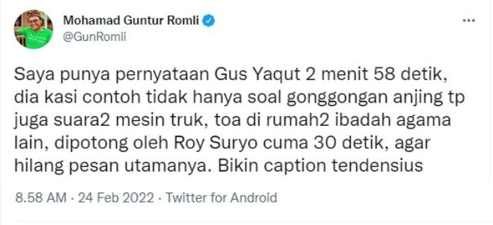 Guntur Romli tanggpai pelaporan Menag Yaqut oleh Roy Suryo.