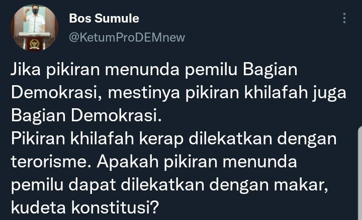 Cuitan Iwan Sumule menyoroti Jokowi yang sebut usulan tunda Pemilu bagian demokrasi dengan menyinggung khilafah.