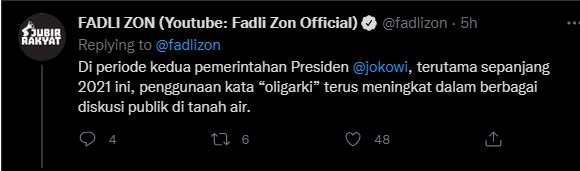 Tangkapan layar cuitan Fadli Zon soal catatan akhir tahun 2021.