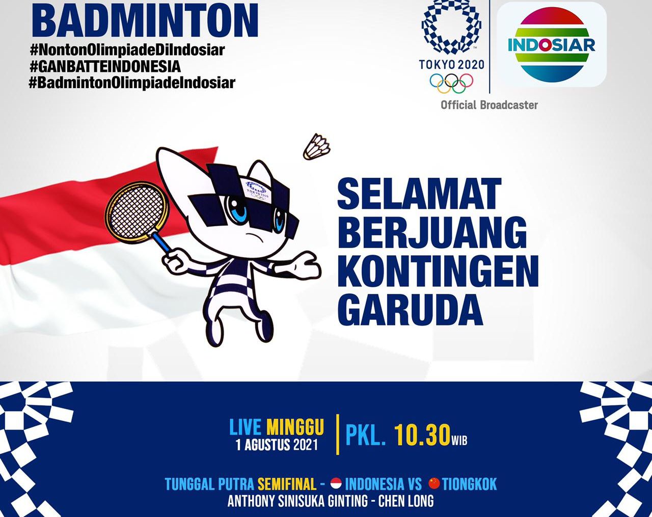 Update Live Streaming Indosiar Semifinal Bulutangkis Olimpiade 2020, Anthony Ginting vs Chen Long Mulai 10.30
