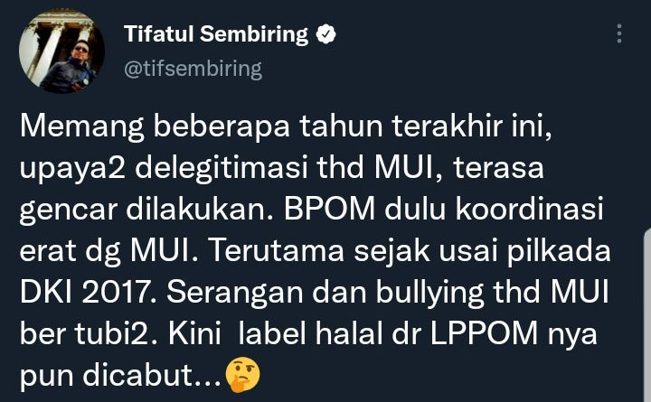 Cuitan Tifatul Sembiring soal label halal MUI bertahap tidak berlaku setelah diterbitkannya label halal baru oleh Kemenag.