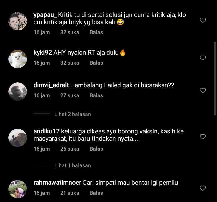 Tangkapan layar: komentar netizen terhadap Postingan Edhie Baskoro Yudhoyono