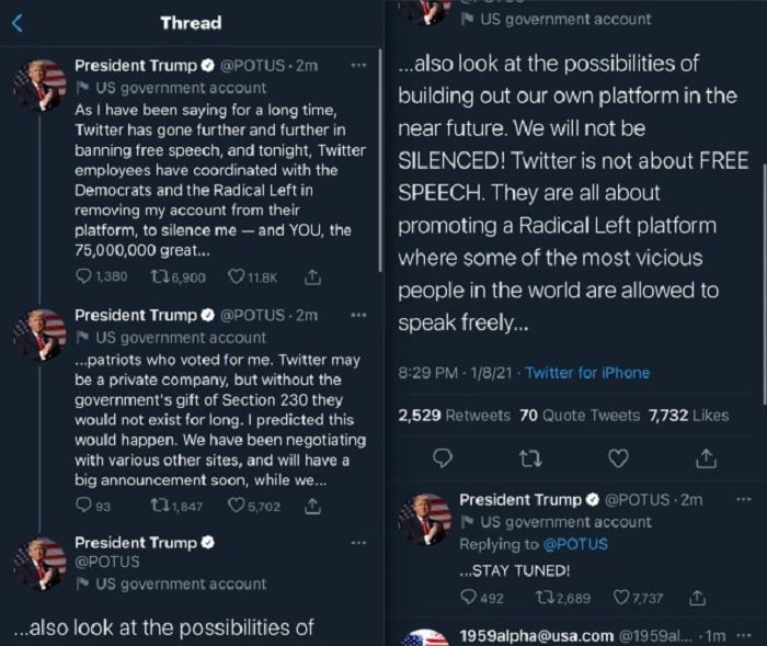 Cuitan Donald Trump melalui akun Twitter pemerintah yang merespon kebijakan pihak Twitter.