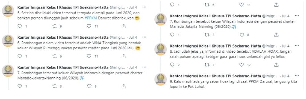 Kantor Imigrasi Kelas I Khusus TPI Soekarno-Hatta membantah video viral yang menyebut jika WNA Tiongkok tiba di Indonesia saat PPKM Darurat.*