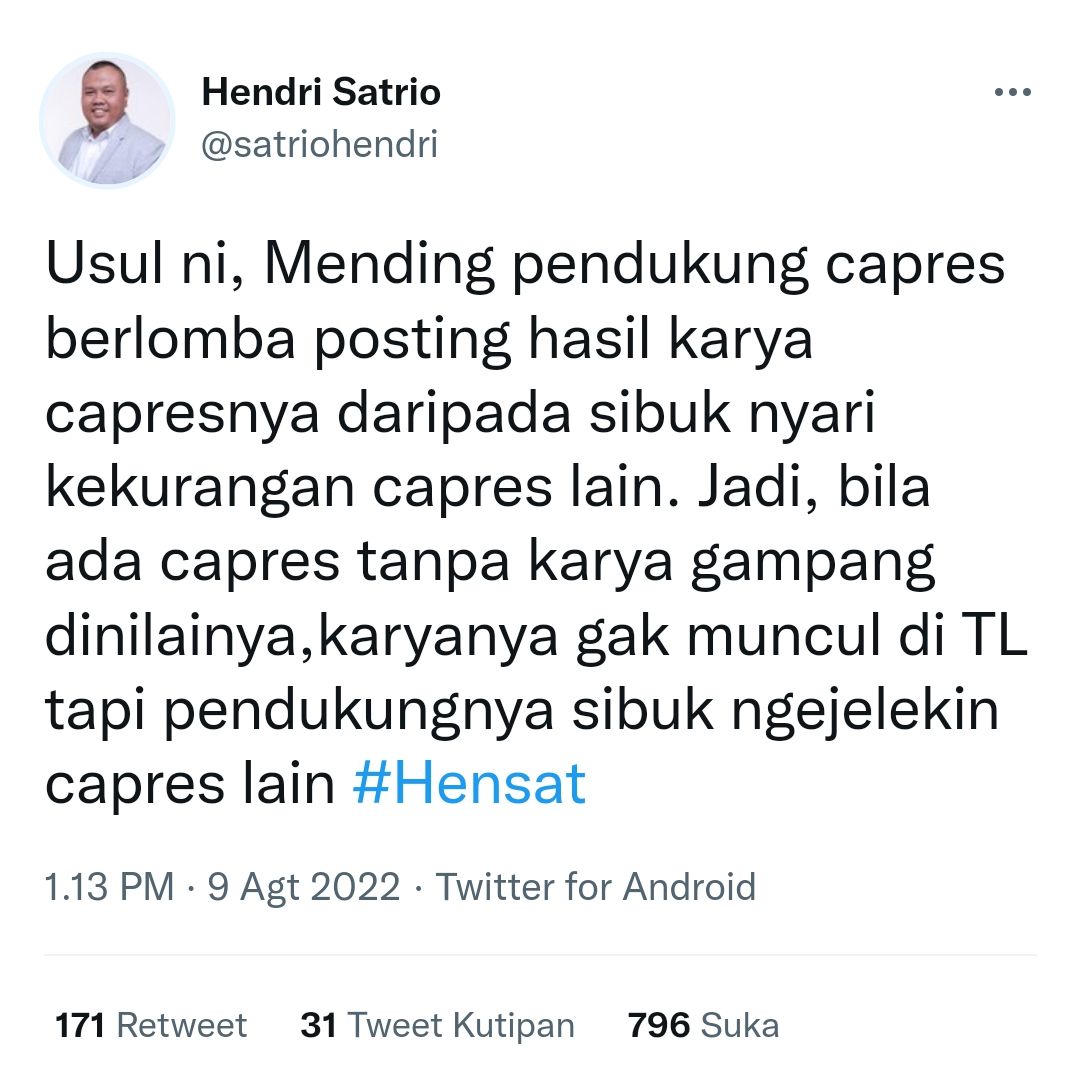 Hasil tangkap layar akun Twitter Hendri Satrio