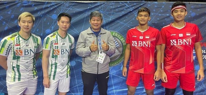Ganda putra Indonesia Fikri-Bagas, Marcus-Kevin dan pelatih coach Herry IP /Instagram @herry_ip/