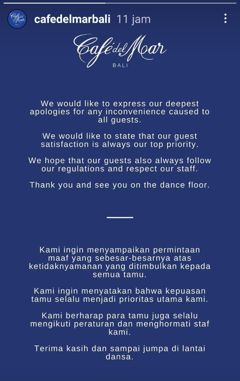 Permintaan maaf pihak Cafe Delmar Bali.