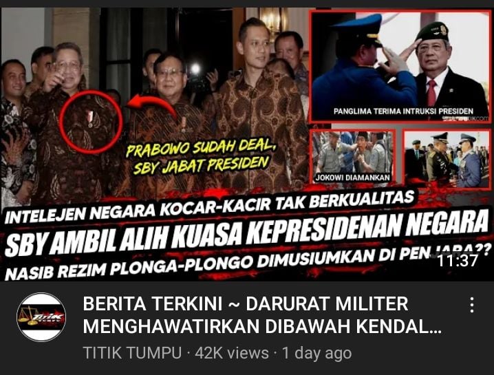 Thumbnail video yang mengatakan SBY ambil alih kekuasaan kepresidenan negara karena darurat militer mengkhawatirkan