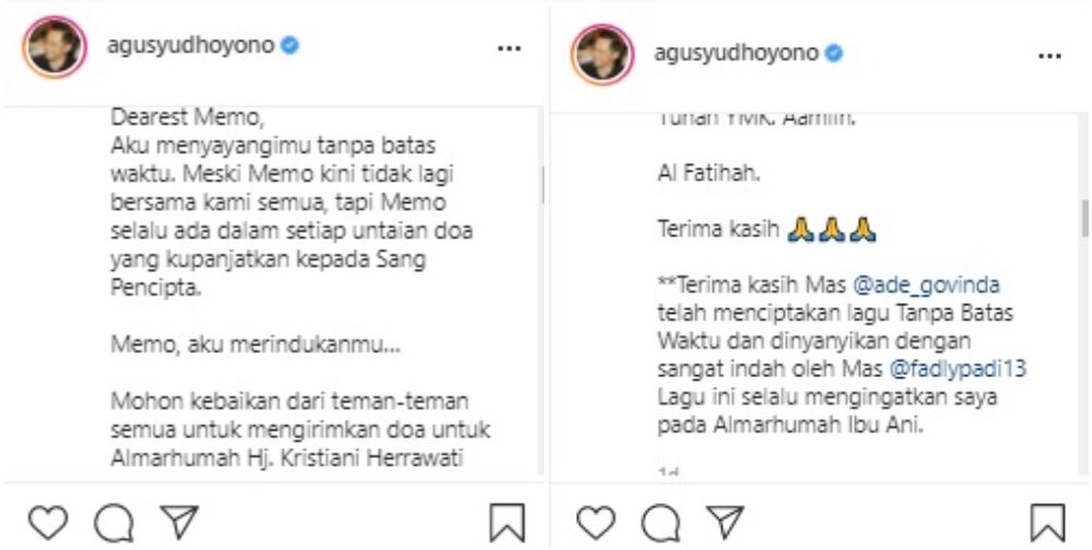  Agus Harimurti Yudhoyono (AHY) menyampaikan doa dan ucapan ulang tahun untuk mendiang sang ibu, Ani Yudhoyono pada 6 Juli kemarin.*
