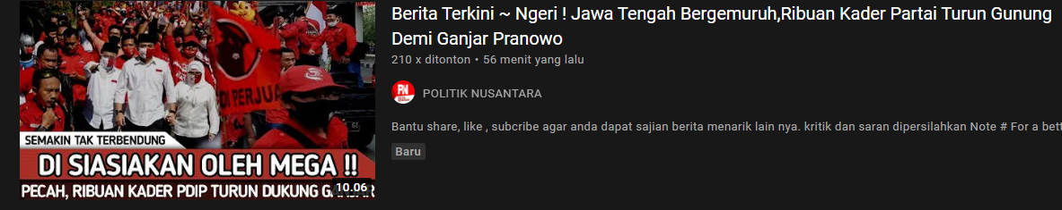 kabar yang menyebut ribuan kader PDIP turun gunung dukung Ganjar Pranowo untuk Pilpres 2024/YouTube/Politik Nusantara