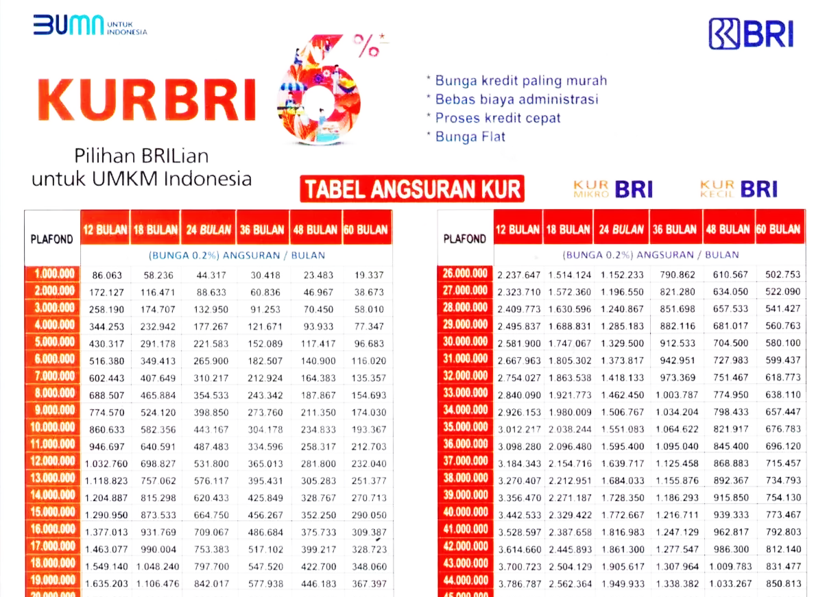 KUR Mikro BRI, Pinjam 50 Juta Tanpa Agunan, Ini Syarat Dan Tabel ...