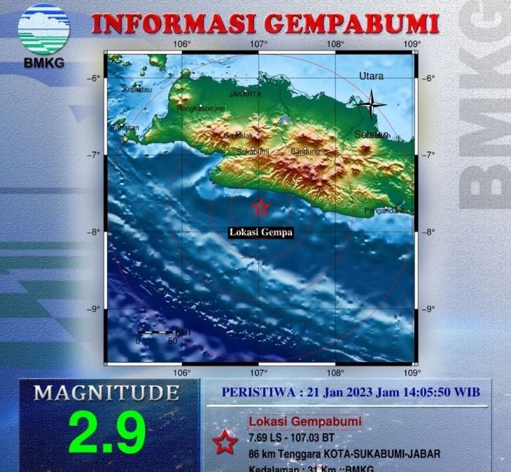 Pusat gempa bumi tektonik yang melanda sejumlah wiayah Kota dan Kabupaten Sukabui Sabtu 21 Januari 2023.