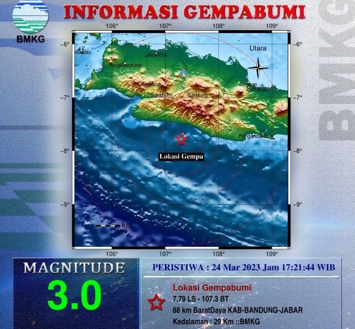 Infografis pusat gempa bumi tektonik yang melanda wilayah Kabupaten Bandung Jawa Barat, Jumat 24 Maret 2023 pukul 17.21 WIB.