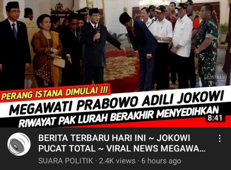 Thumbnail video yang mengatakan bahwa Presiden Jokowi diadili Prabowo dan Megawati