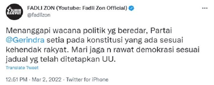Cuitan Fadli Zon menanggapi wacana Pemilu 2024.