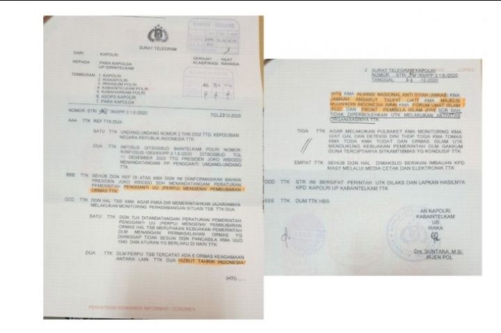 Foto hoaks surat telegram Kapolri terkait pembubaran FPI yang viral di media sosial pada Kamis, 24 Desember 2020.