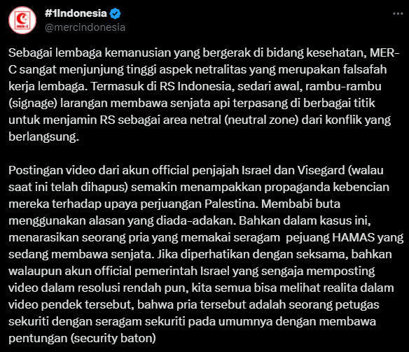 Cuitan MER-C Indonesia menyampaikan bantahan cuitan Israel.