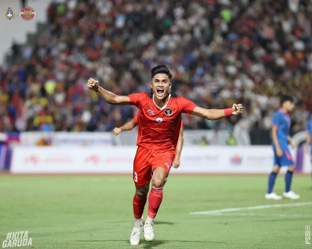 Selebrasi Ramadhan Sananta setelah cetak gol ke gawang Thailand
