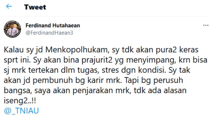 Cuitan sindirian Ferdinand Hutahaean pada Mahfud MD yang dianggap berpura-pura keras saat minta menindak tegas oknum TNI AU di Papua.