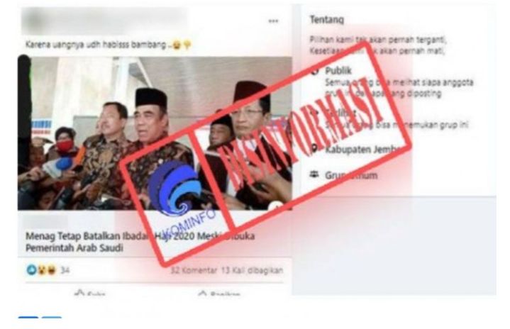 Tangkapan layar unggahan hoaks terkait pembatalan keberangkatan jemaah haji Indonesia pada 2020 dalam platform Facebook. (Facebook)