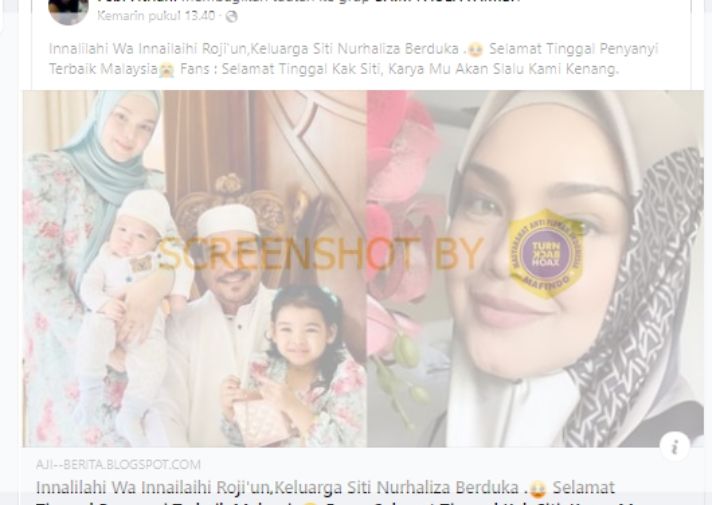 Unggahan klaim penyangi Siti Nurhaliza meninggal dunia adalah hoax.