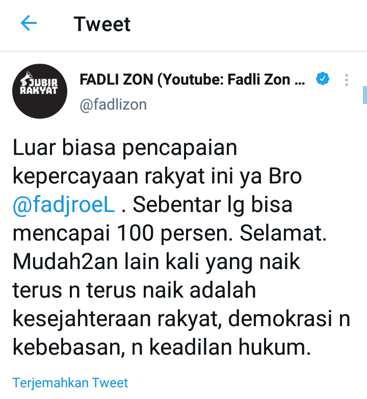 Hasil tangkap layar akun Twitter Fadli Zon