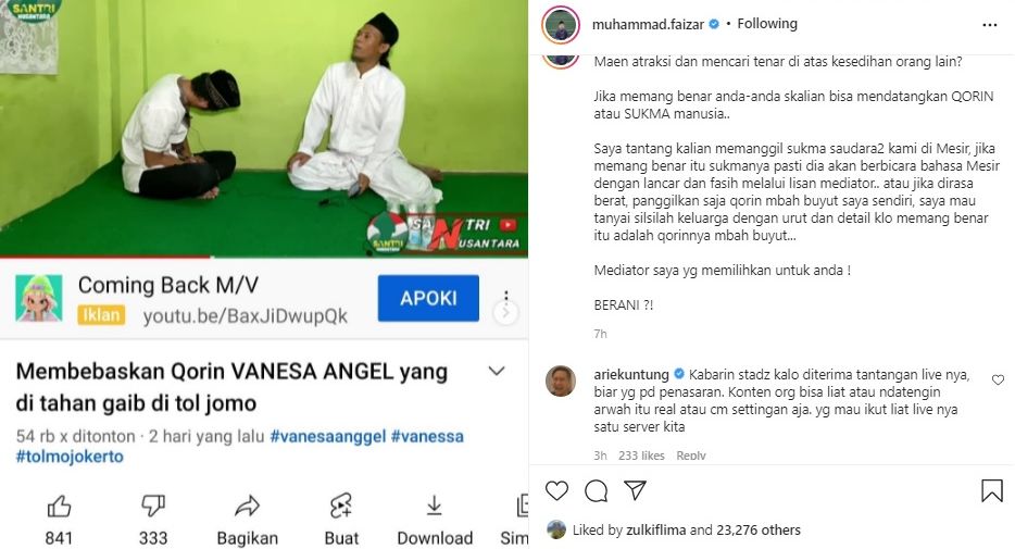 Arie Untung mengomentari unggahan Ustaz Muhammad Faizar.