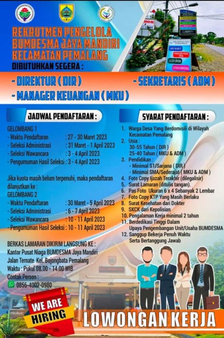 INFO LOKER! Rekrutmen BUMDESMA Jaya Mandiri Kecamatan Pemalang, Cek Kualifikasi dan Persyaratannya Disini