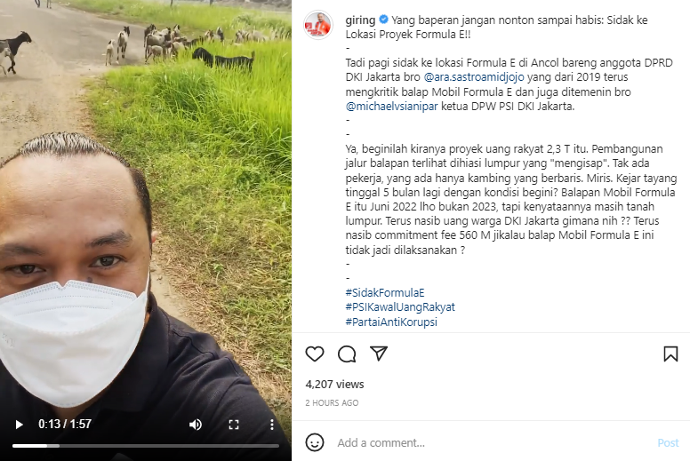 Tangkapan layar unggahan Instagram Giring Ganesha saat Ketua Umum PSI tersebut sidak proyek sirkuit Formula E.