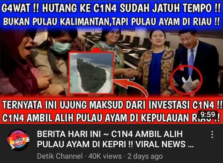 Thumbnail video yang mengatakan bahwa utang Indonesia sudah jatuh tempo, China ambil alih Pulau Ayam di Kepulauan Riau