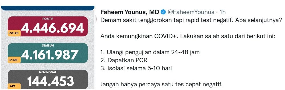 Faheem Younus menyarankan untuk melakukan tes ulang jika rapid test negatif Covid-19 meski mengalami demam dan sakit tenggorokan.*