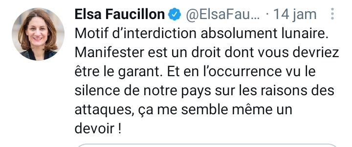 Cuitan Anggota Parlemen, Elsa Faucillon yang membalas pernyataan Mendagri Prancis, Gerald Darmanin.