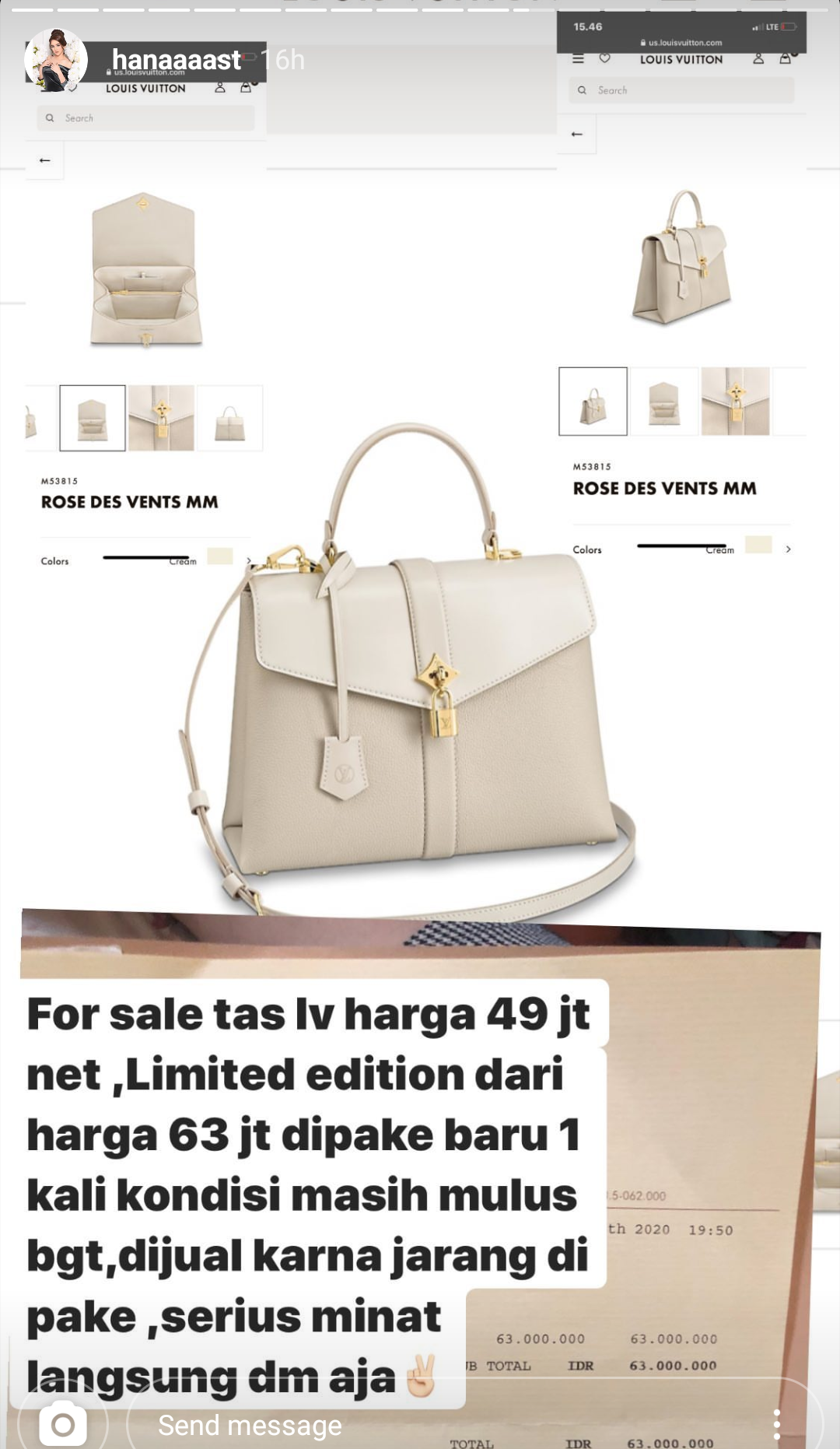 Instagram story Hana Hanifah menjual tas Louis Vuitton.