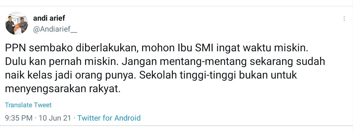 Cuitan Andi Arief yang mengkritik Sri Mulyani terkait PPN sembako.