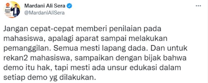 Cuitan Mardani Ali merespons pemanggilan Presma BEM Unmul buntut kritik Wapres Ma'ruf Amin 'Patung Istana'.