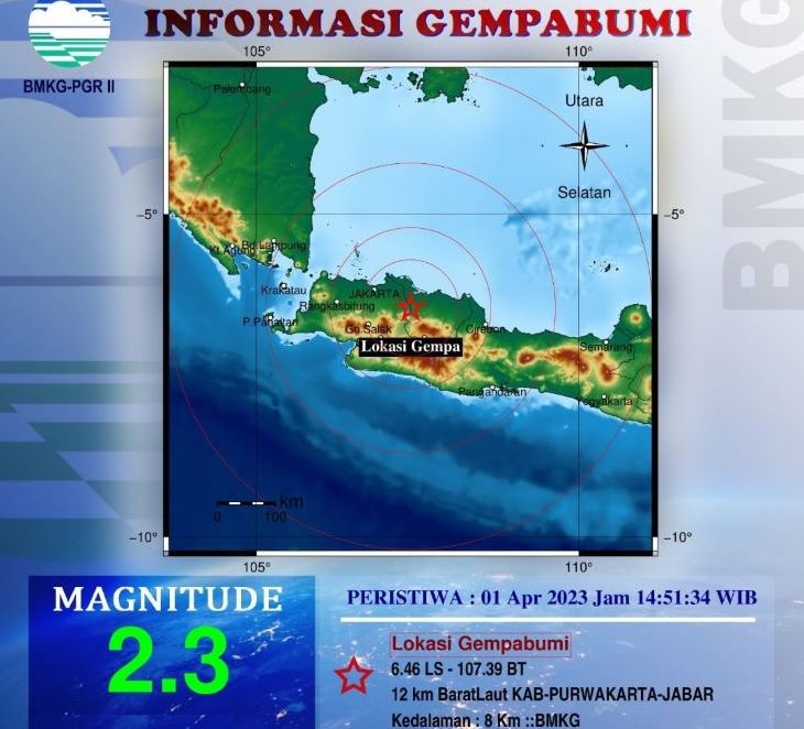 Peta pusat gempa bumi tektonik yang melanda wilayah Kabupaten Purwakarta dan sekitarnya Sabtu 1 April 2023.