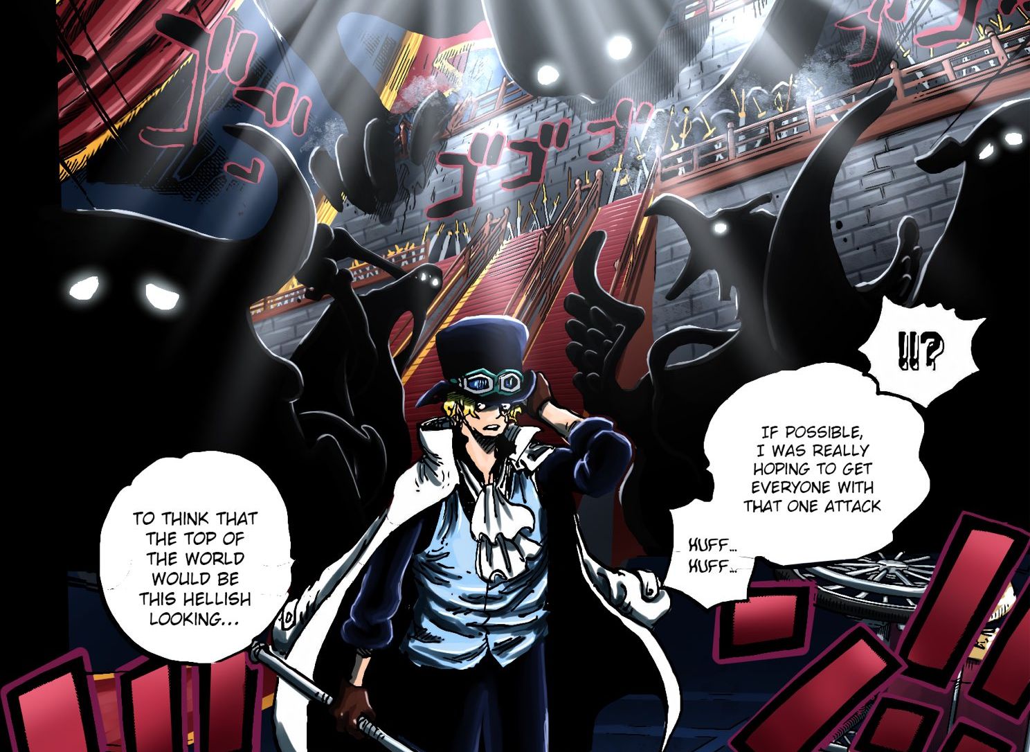 Penampakan wujud monster Gorosei dan Im Sama di belakang Sabo setelah menggunakan buah iblis mereka di One Piece 1085.